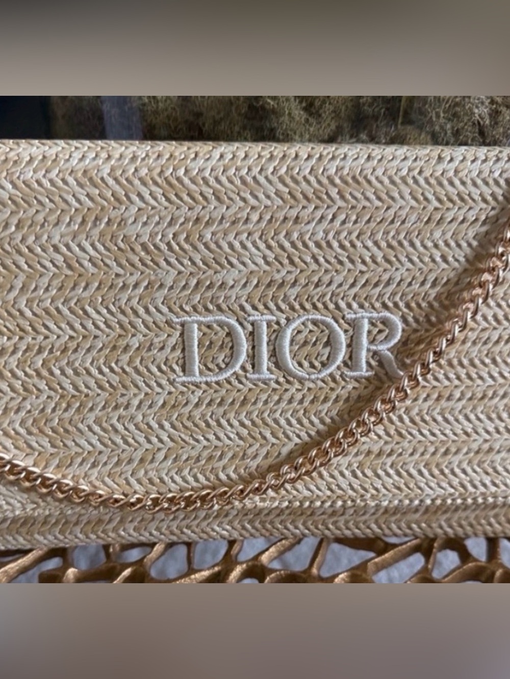 Dior Beige Straw Tote with Gold Chain Accent